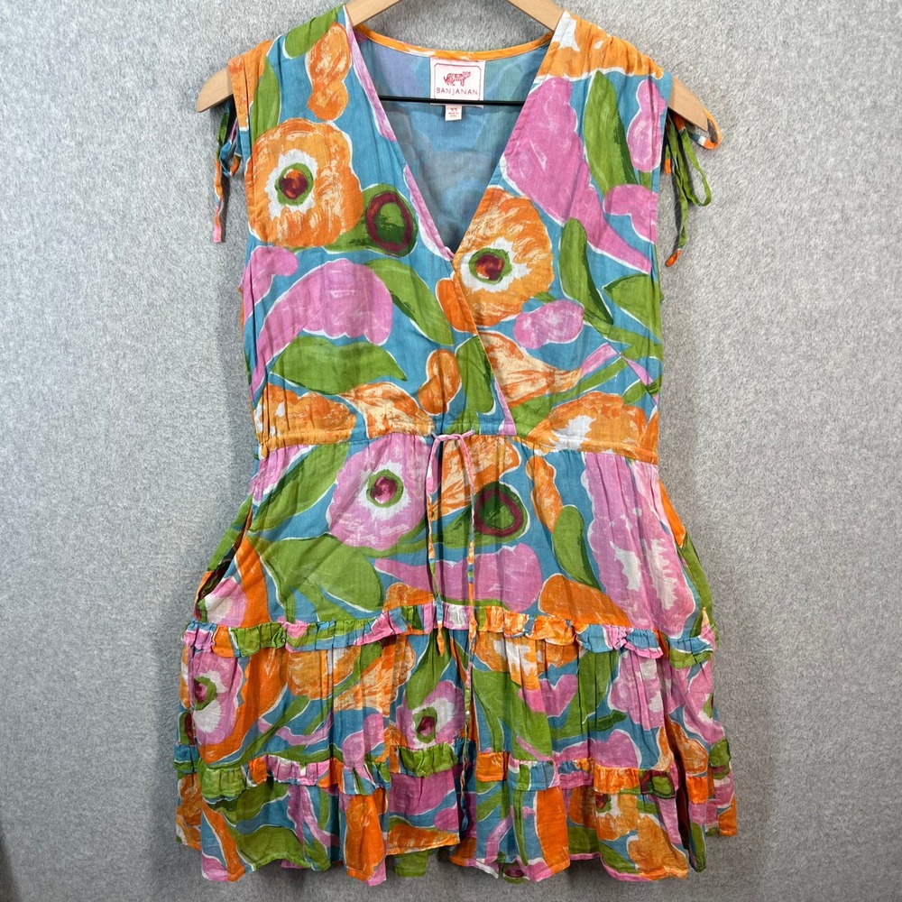 Banjanan Bazaar Floral Cotton Mini Dress Size XS Blue‎ Orange Pink Tiered Ruffle